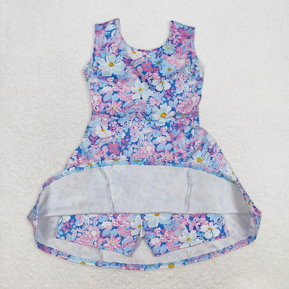 5.28  GSD1845 RTS NO MOQ Baby Girls Summer Yoga Dress Sleeveless blue pink floral baby girls athletic dresses