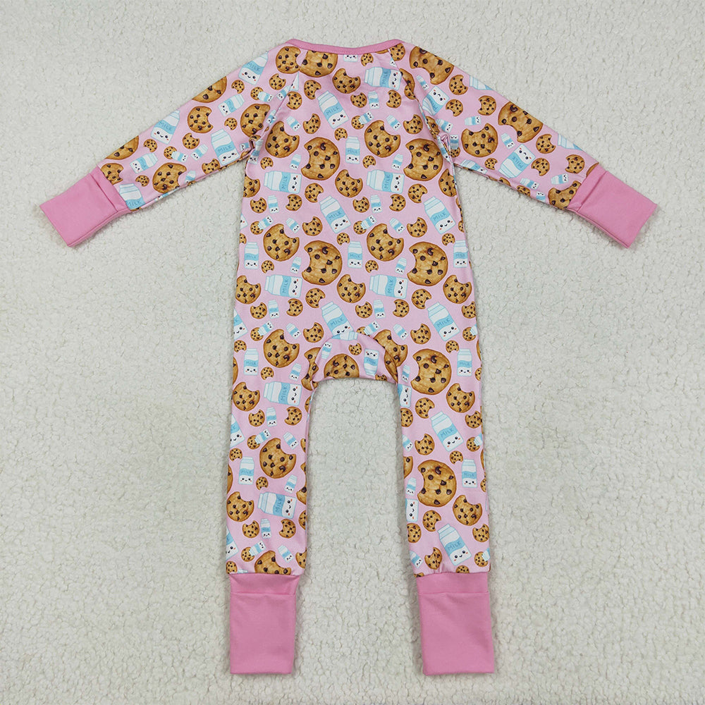 RTS NO MOQ （In stock）LR2398 Baby Girls Winter Rompers Baby Girls Pink Christmas Milk Cookies Zipper Footie Rompers