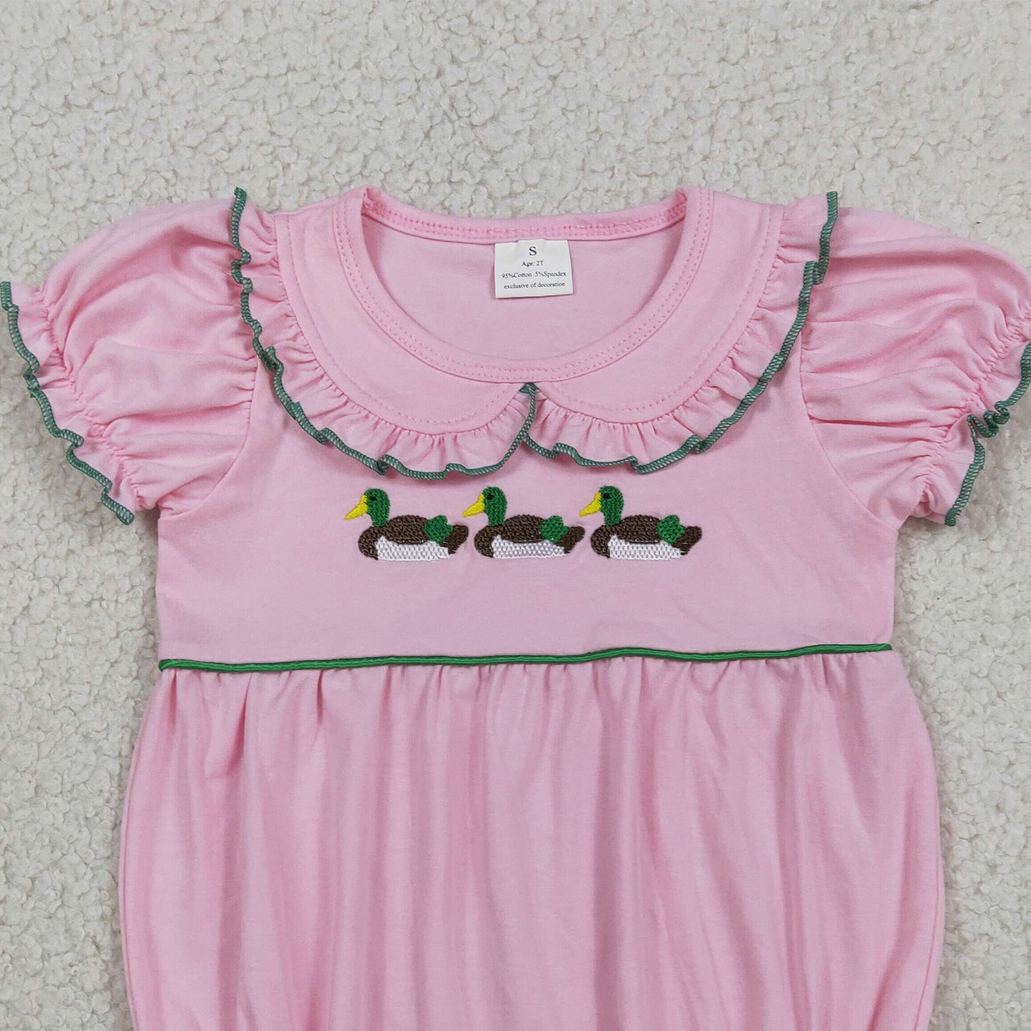 SR3532 RTS NO MOQ （In stock）Pink short sleeves duck embroidery baby girls romper