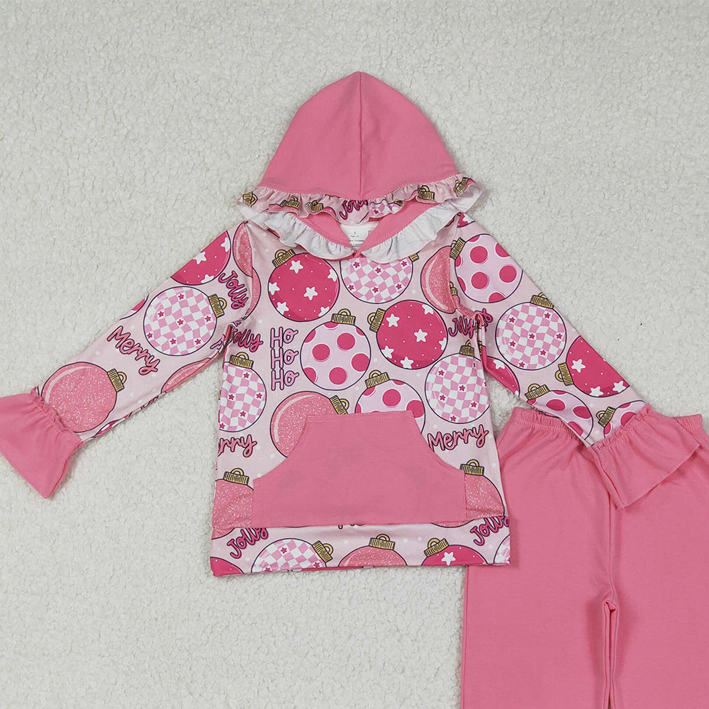 RTS NO MOQ （In stock）GLP2650 Baby Girls Winter Outfits  Pink Merry Christmas Hoodie Top with Pocket And Ruffle Pants Set
