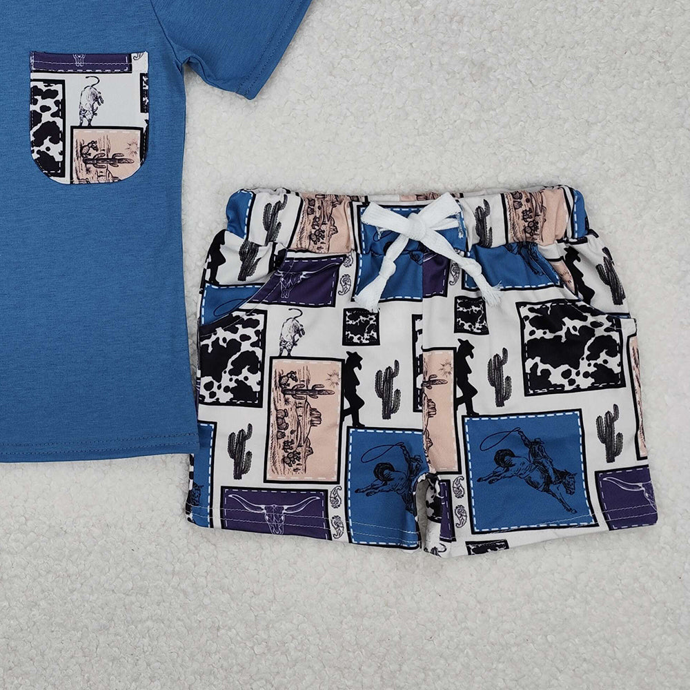 BSSO1286Short sleeves pocket top rodeo cactus shorts western boys clothes