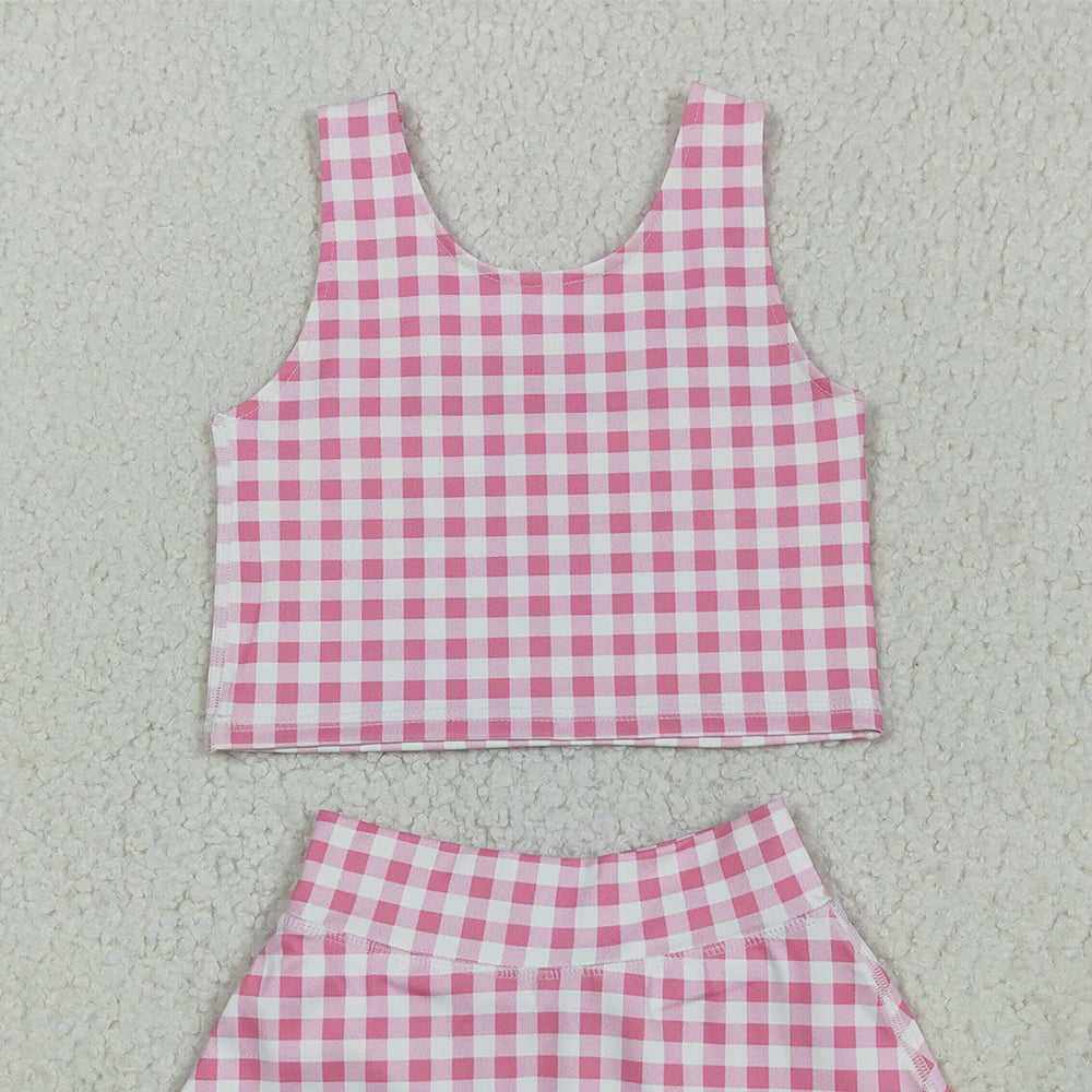 RTS NO MOQ （In stock）GSD2786 Baby Girls Yoga Outfits Baby Girls Sleeveless Pink Checked Vest Top Skorts Yoga Activity Set