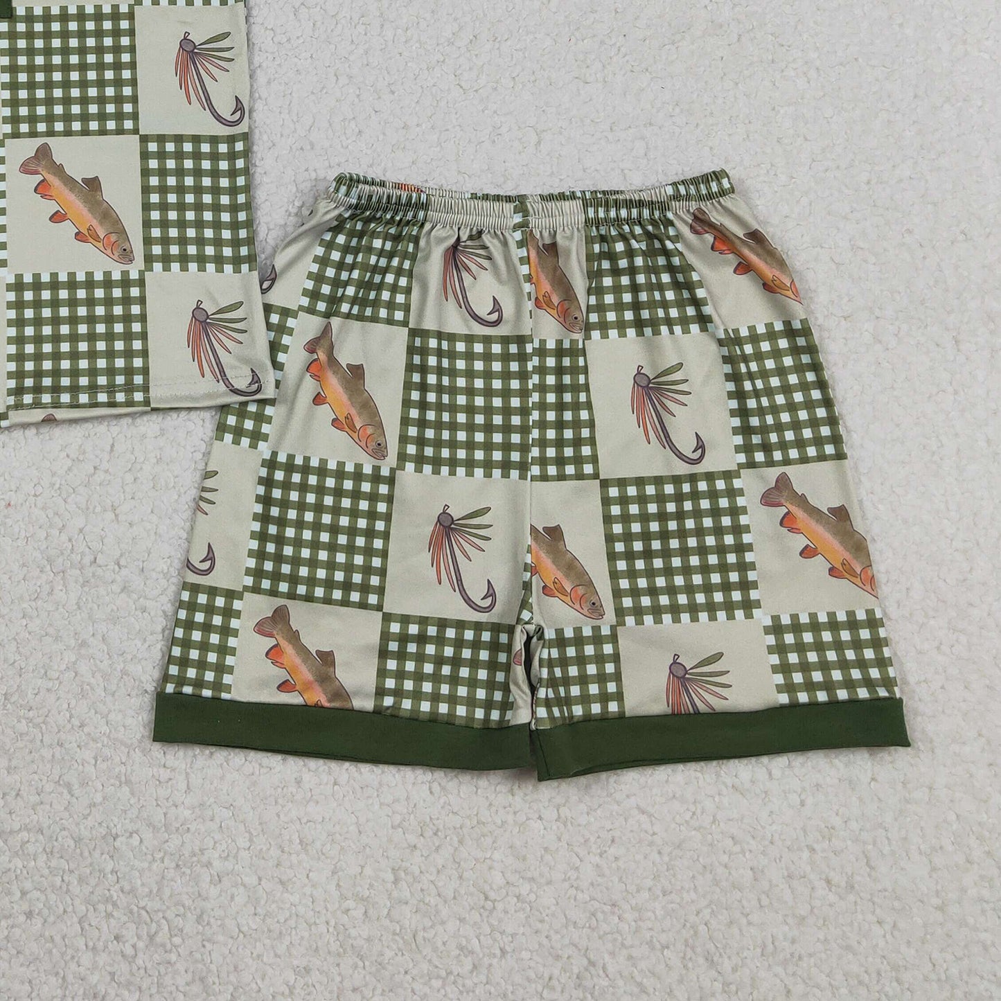 BSSO1817 RTS NO MOQ （In stock ）Short sleeves plaid fish top shorts kids boys outfits  ReviewsClothes（副本）