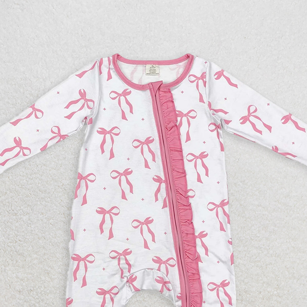 USA Shop (in stock)LR1584 Baby Girls Winter Outfits  Baby Infant Girls Pink Bows Ruffle Bamboo Zip Rompers