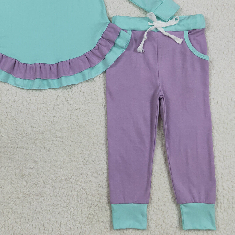 RTS NO MOQ （In stock）GLP2402 Baby Girls Winter Outfits Baby Girls Aqua Long Sleeves Ruffle Top Lavender Pockets Legging Pants Sets