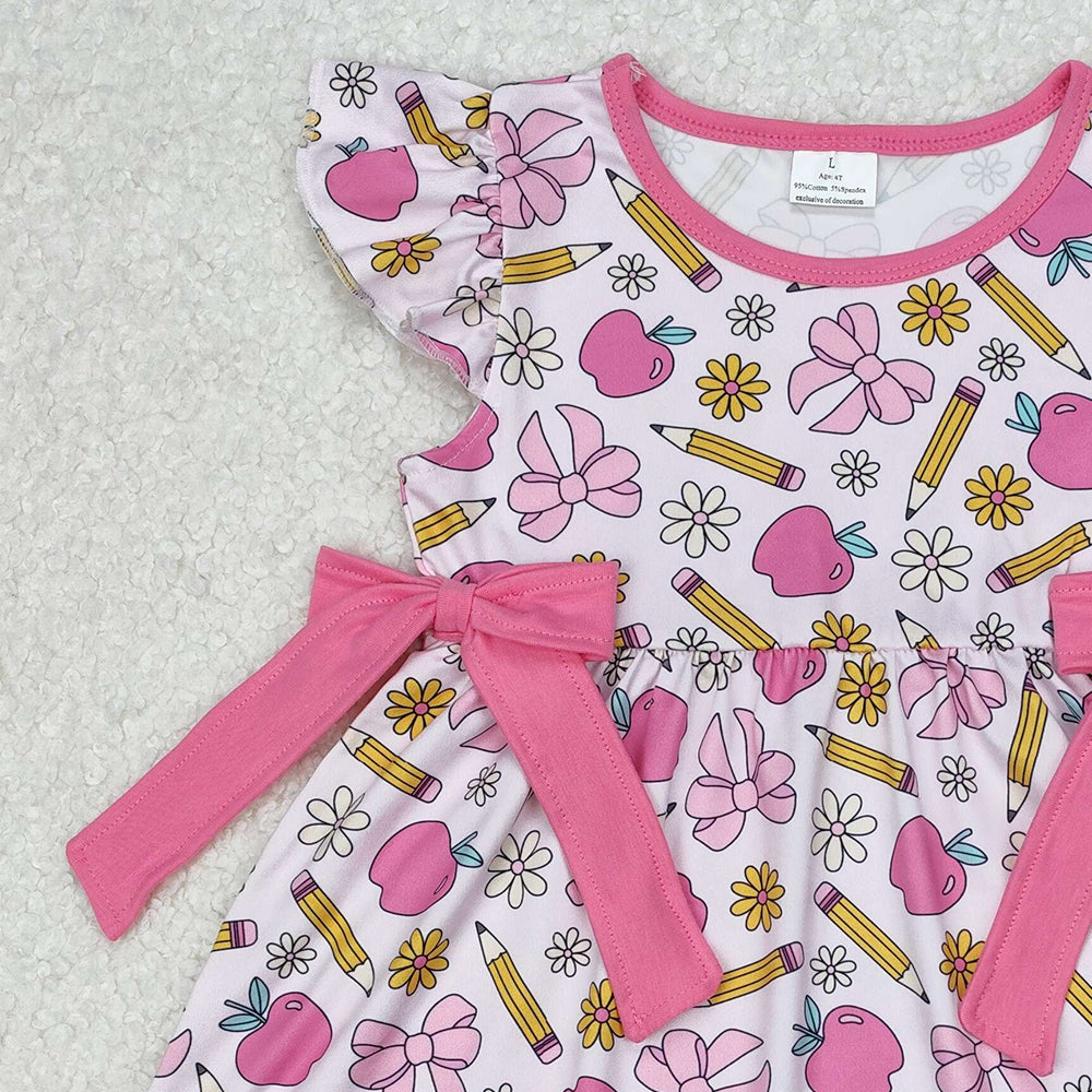 GSD1846Girls Pink Flutter Sleeve Pencil Dress with Bow Back to School Cute Fashionable Kids Clothing