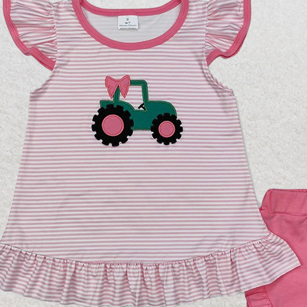 GSSO1757RTS NO MOQ Baby Girls Summer Outfits Pink stripe flutter sleeves tractor kids girls farm outfits