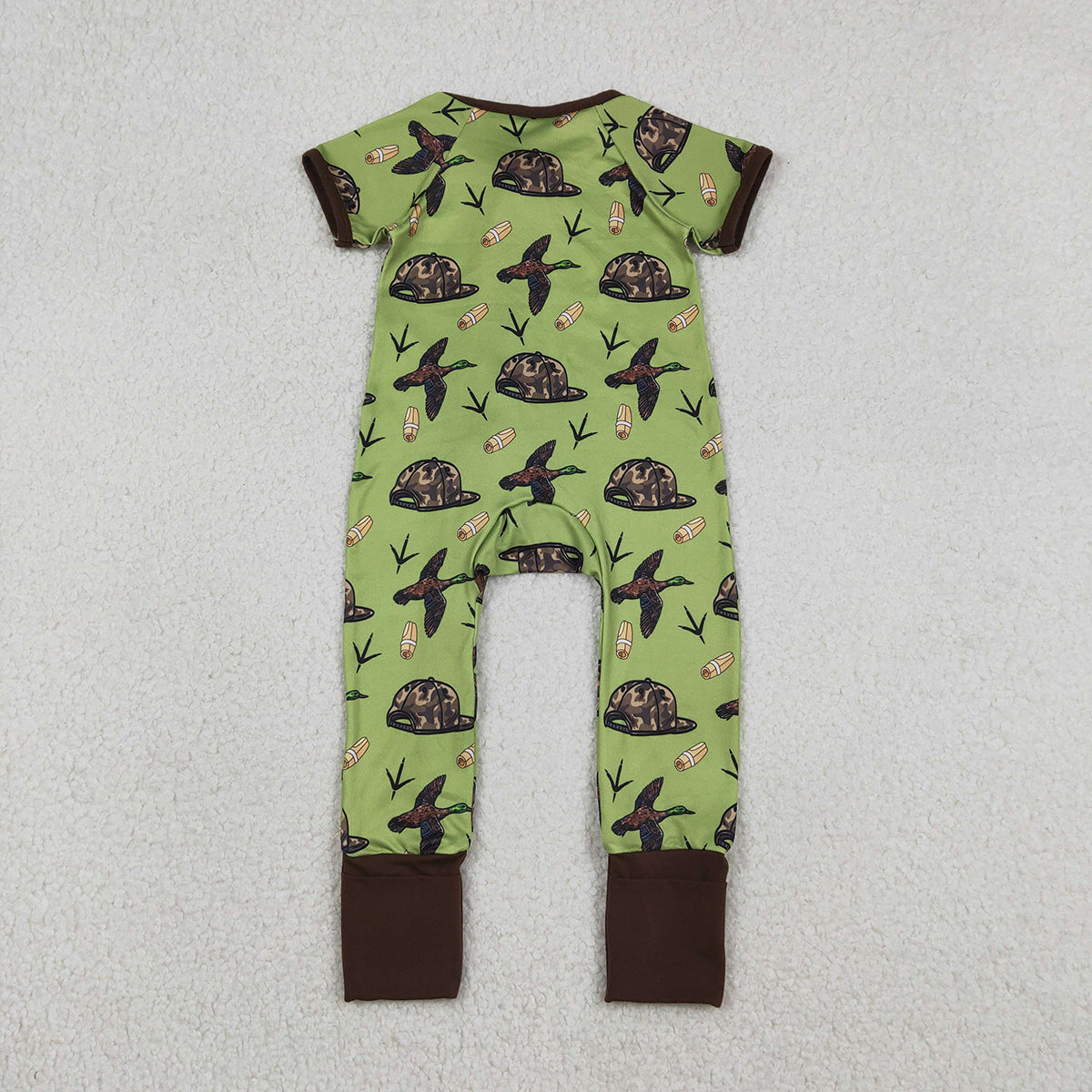 12.22 RTS NO MOQ （In stock）SR3499 Baby Boys Ducks Calls Camo Hats Hunting Two Way Zip Convertible Rompers