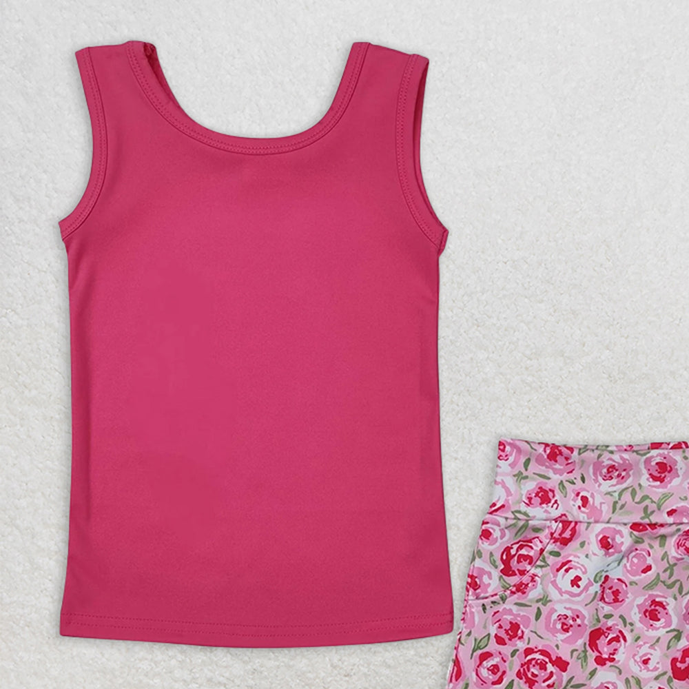 GSD1599RTS NO MOQ Baby Girls Yoga Outfits hot pink sleeveless top stripe floral skirt kids girls clothes