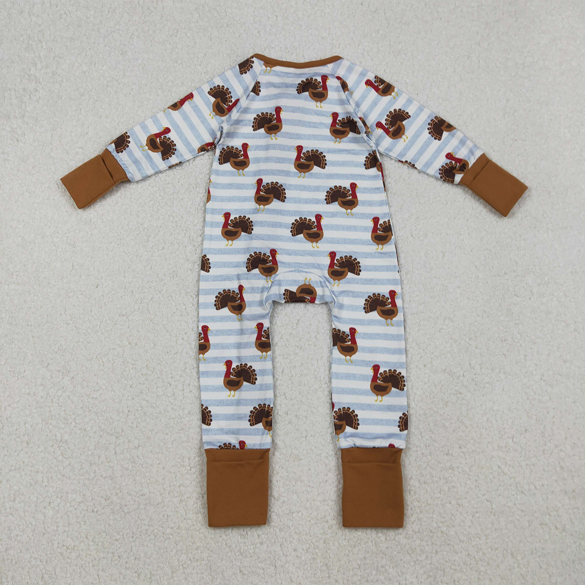 10.15 RTS NO MOQ （In stock）LR1191 Baby Boys Winter Rompers Baby Infant Boys Thanksgiving Turkey Stripe Zipper Footie Rompers