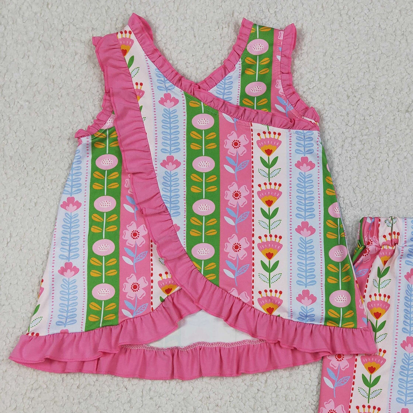 GSSO3676 RTS NO MOQ （In stock）Baby Girls Sleeveless Colorful Flowers Stripe Tunic Ruffle Short Clothes Set