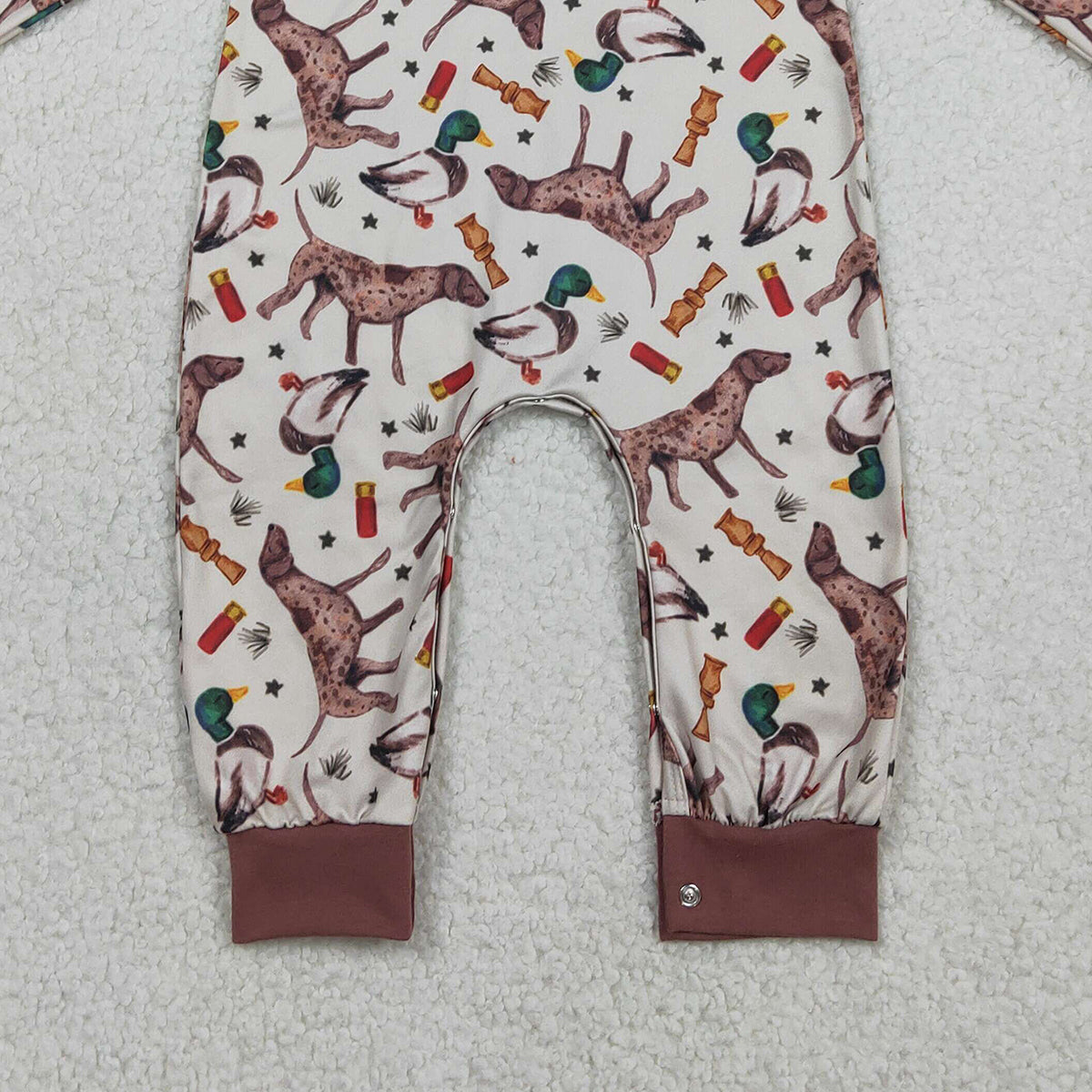 1.27 RTS NO MOQ （In stock）LR2576 Baby Boys Long Sleeve Ducks Dogs Button Pocket Hunting Rompers