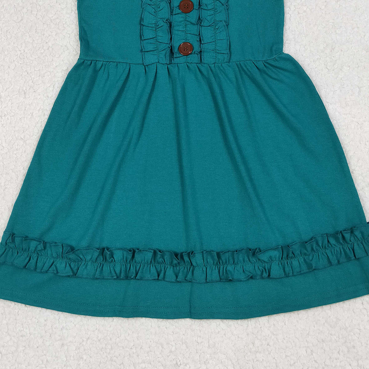 4.11 GSD4094 RTS NO MOQ （In stock ）Baby Girls Flutter Sleeve Dark Green Button Ruffle Knee Length Dresses