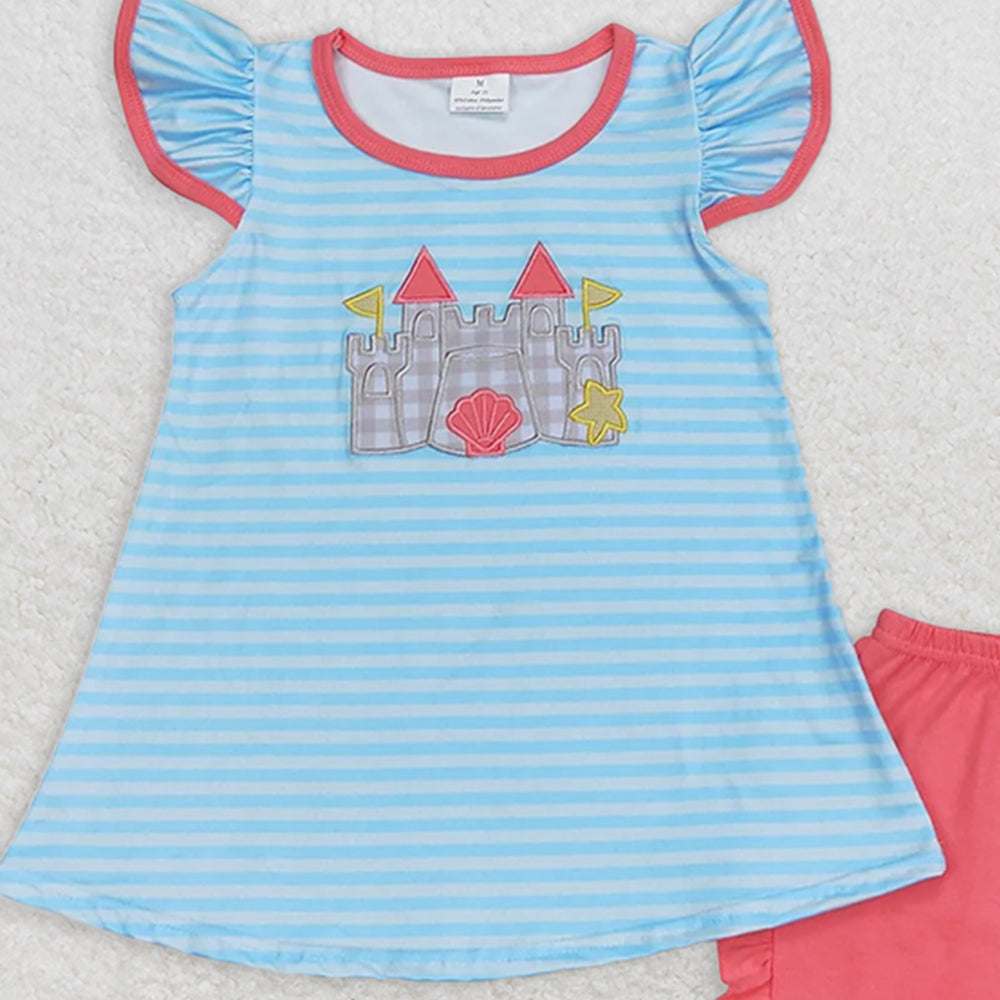 GSSO0875 RTS NO MOQ Baby Girls Summer Outfits Embroidered shell star castle stripe flying sleeve rose red shorts suit