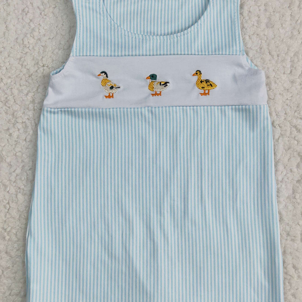 4.26 SR2991 RTS NO MOQ Baby Boys Summer Rompers Embroidery Baby Infant Boys Blue Stripe Sleeveless Ducks Button Rompers