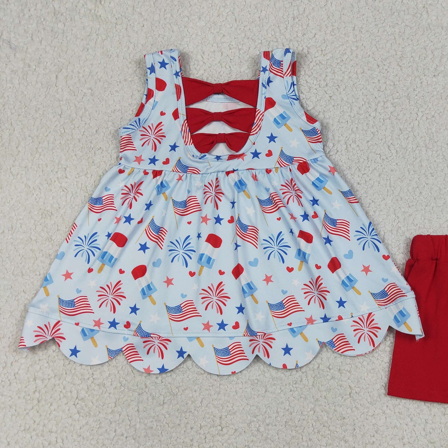 GSSO3386 RTS NO MOQ （In stock）Popsicle flag scallop tunic shorts girls 4th of july outfits