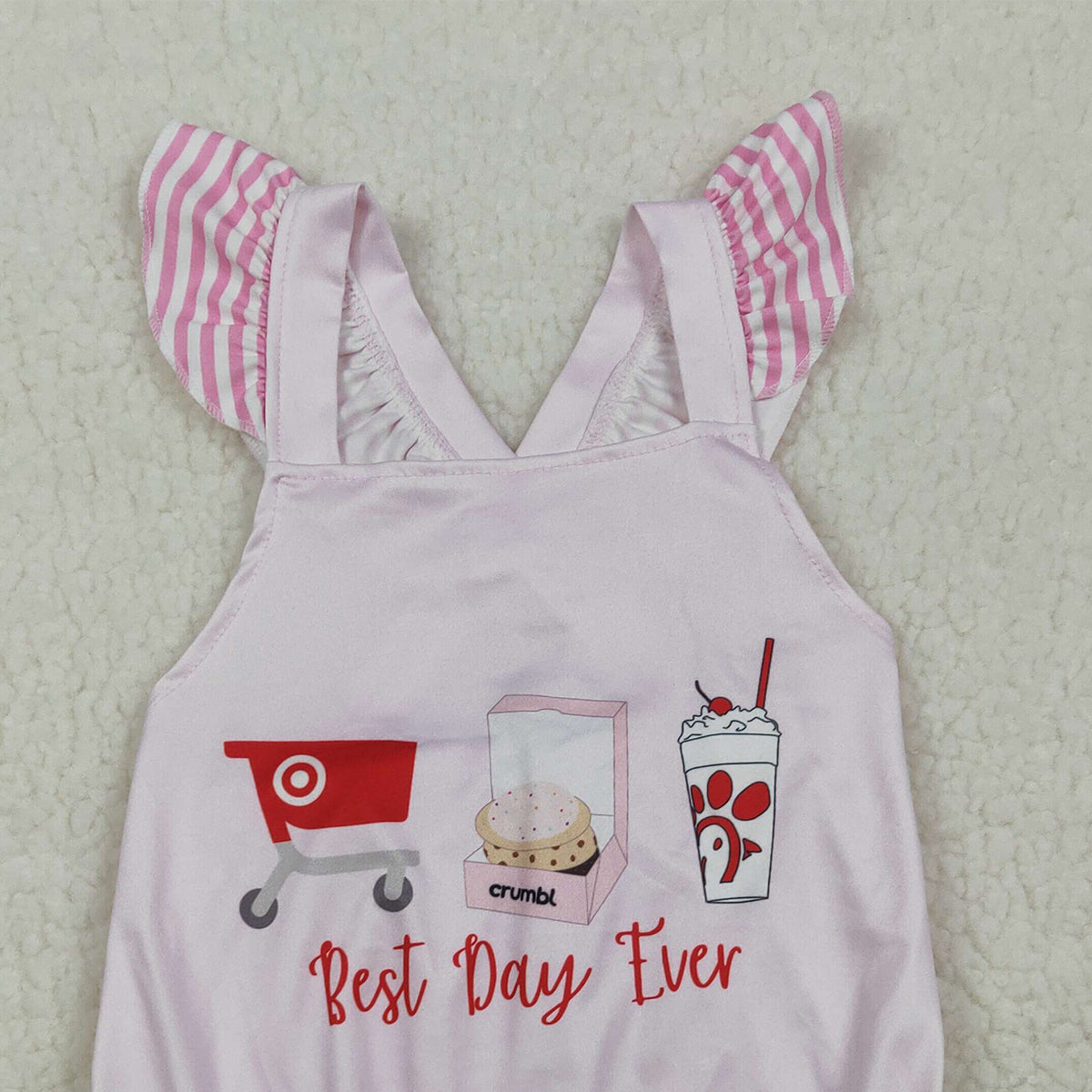 3.30 RTS NO MOQ （In stock）SR3780 Flutter sleeves best day ever chicken fries baby girl romper