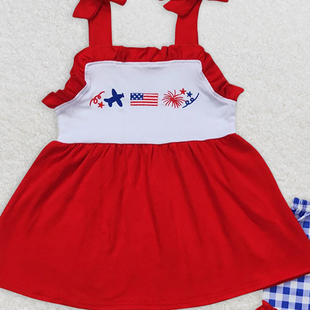 GSSO0611 RTS NO MOQ Children Clothes Summer Girls Outfits Embroidered airplane flag fireworks red lace suspenders blue and white plaid shorts set
