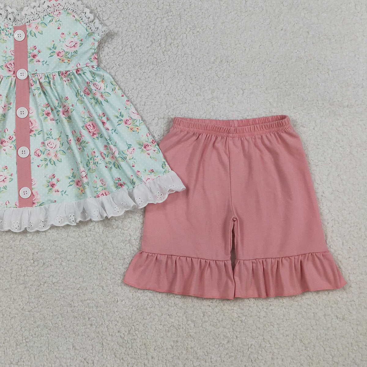 3.26 RTS NO MOQ （In stock）GSSO3036 Kids Clothing for Baby Girls Short Sleeve Colorful Flowers Button Tunic Ruffle Shorts Clothes Sets