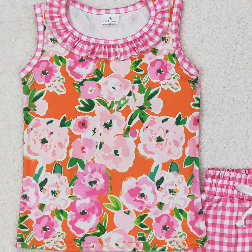 4.08 GSSO2413 RTS NO MOQ Baby Girls Summer Outfits Floral Top Gingham Play Shorts Set