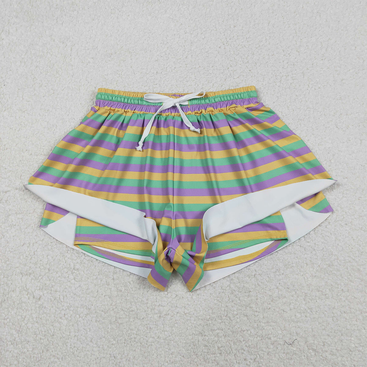 12.16 RTS NO MOQ （In stock）SS0706 Adult Women Mardigras Stripes Yoga Active Ruffle Shorts Bottom