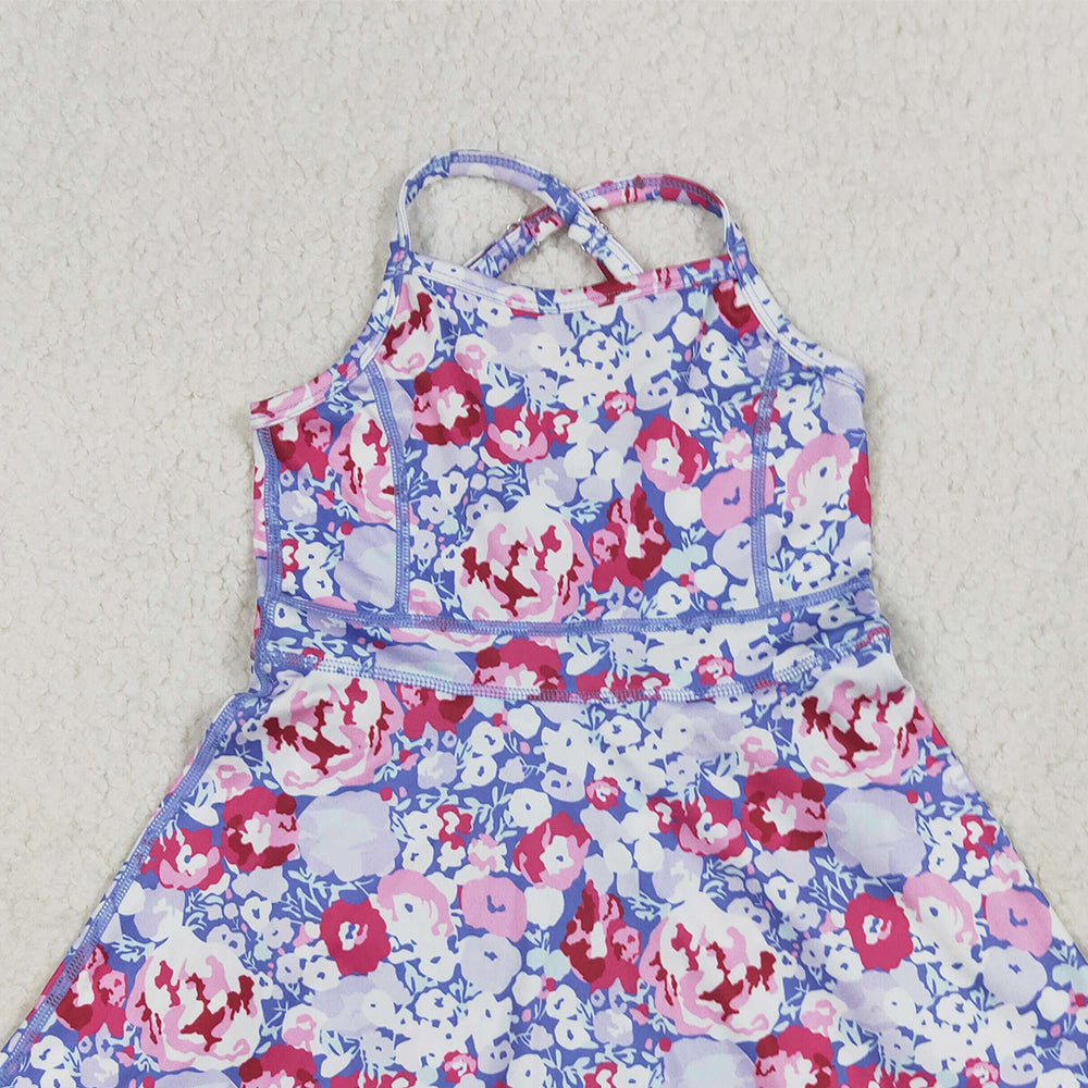 8.12   GSD2285 RTS NO MOQ Baby Girls Summer Yoga Dress Baby Girls Lavender Strap Colorful Floral Yoga Ruffle Knee Length Dresses