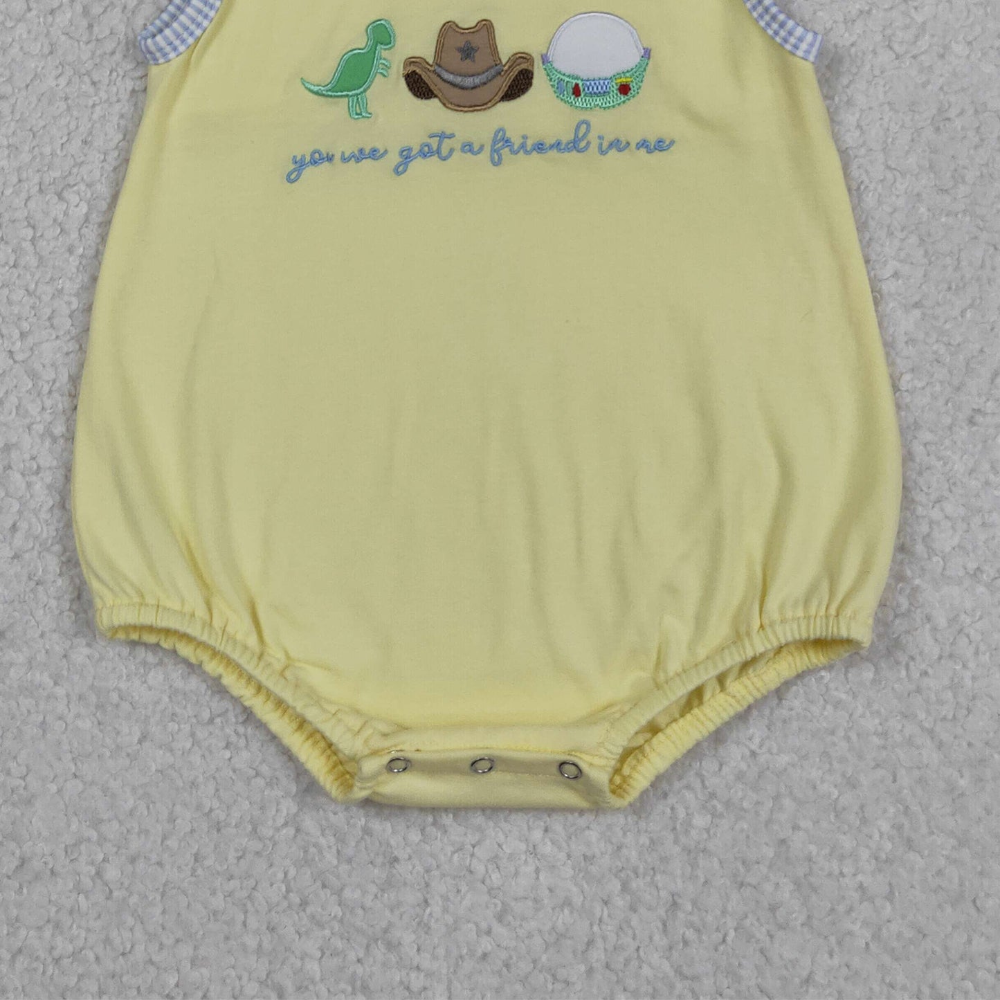 SR4106 RTS NO MOQ （In stock）Yellow dinosaur embroidery baby boy summer romper