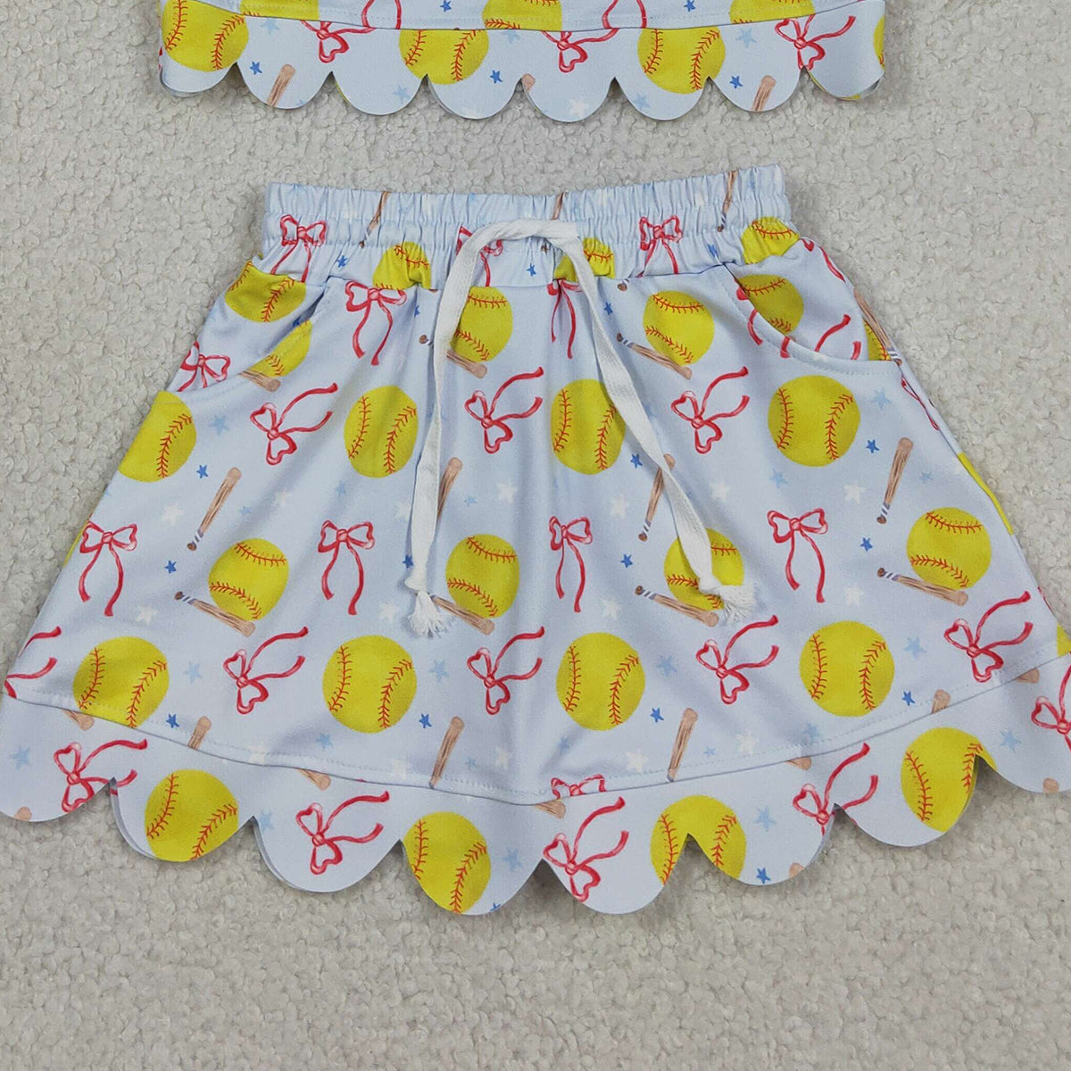 GSD3655 RTS NO MOQ （In stock ）Short sleeves softball bow scallop top skirt girls active outfit
