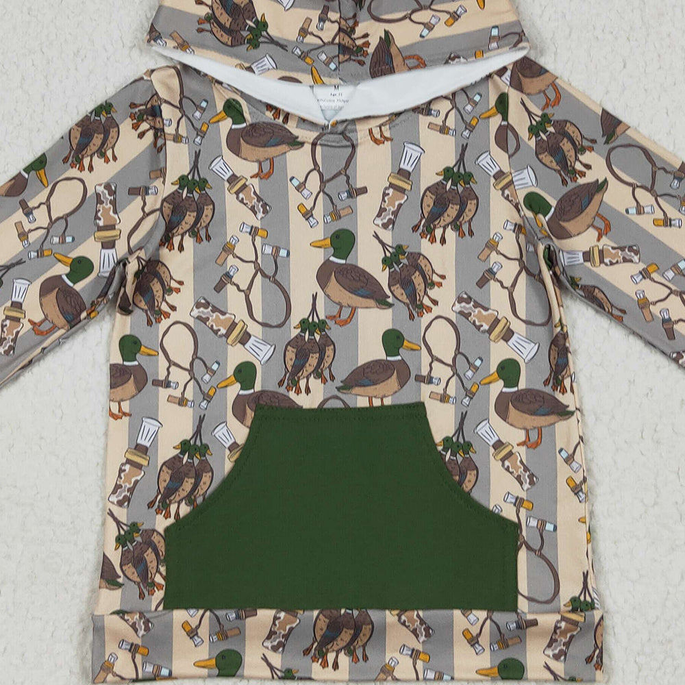 RTS NO MOQ （In stock）BT1267 Baby Boys Long Sleeve Tops Baby Boys Long Sleeves Ducks Stripe Pocket Hoodies Tops