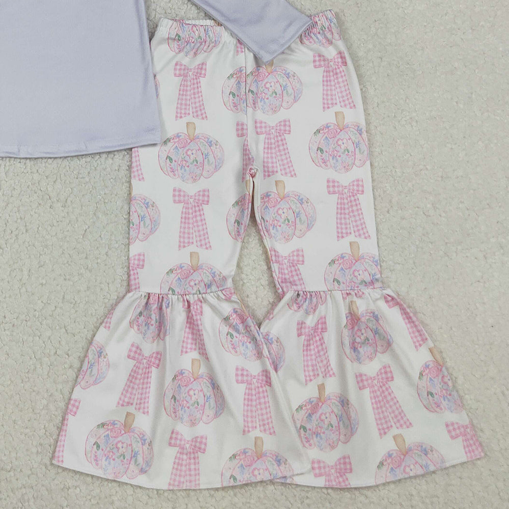 10.10 RTS NO MOQ （In stock）GLP2532 Baby Girls Winter Outfits Baby Girls Long Sleeves Bows Pumpkins Top Bell Bottom Pants Fall Clothes Sets