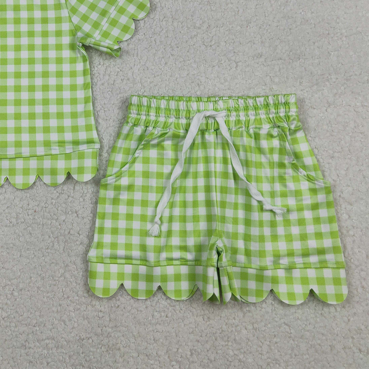 3.27 GSSO3189 RTS NO MOQ （In stock ）Lime green plaid scallop top shorts girls summer outfit