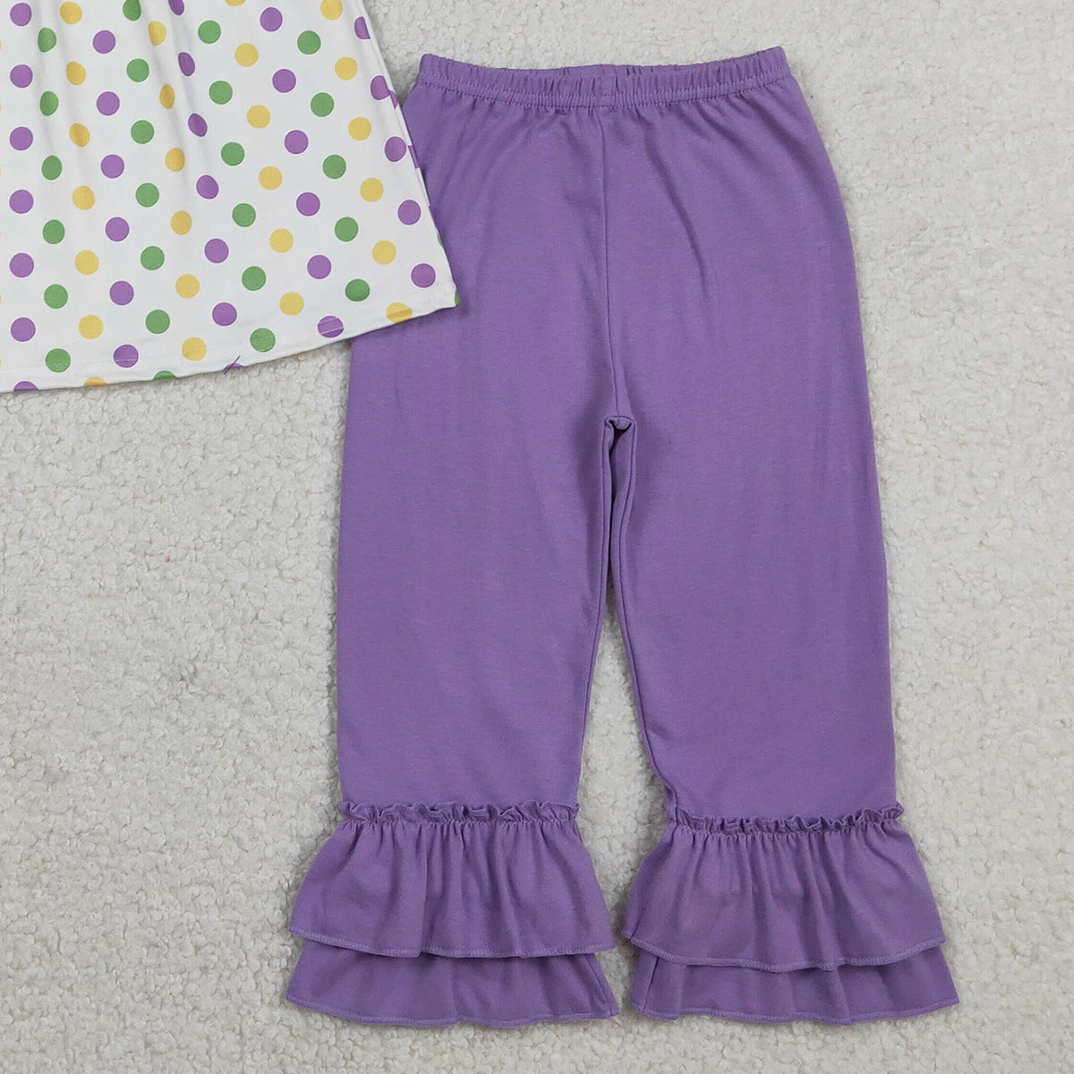 1.23 RTS NO MOQ （In stock）GSPO2205 Embroidery Mardigras Baby Girls Polka Dots Tunic Ruffle Pants Clothes Sets