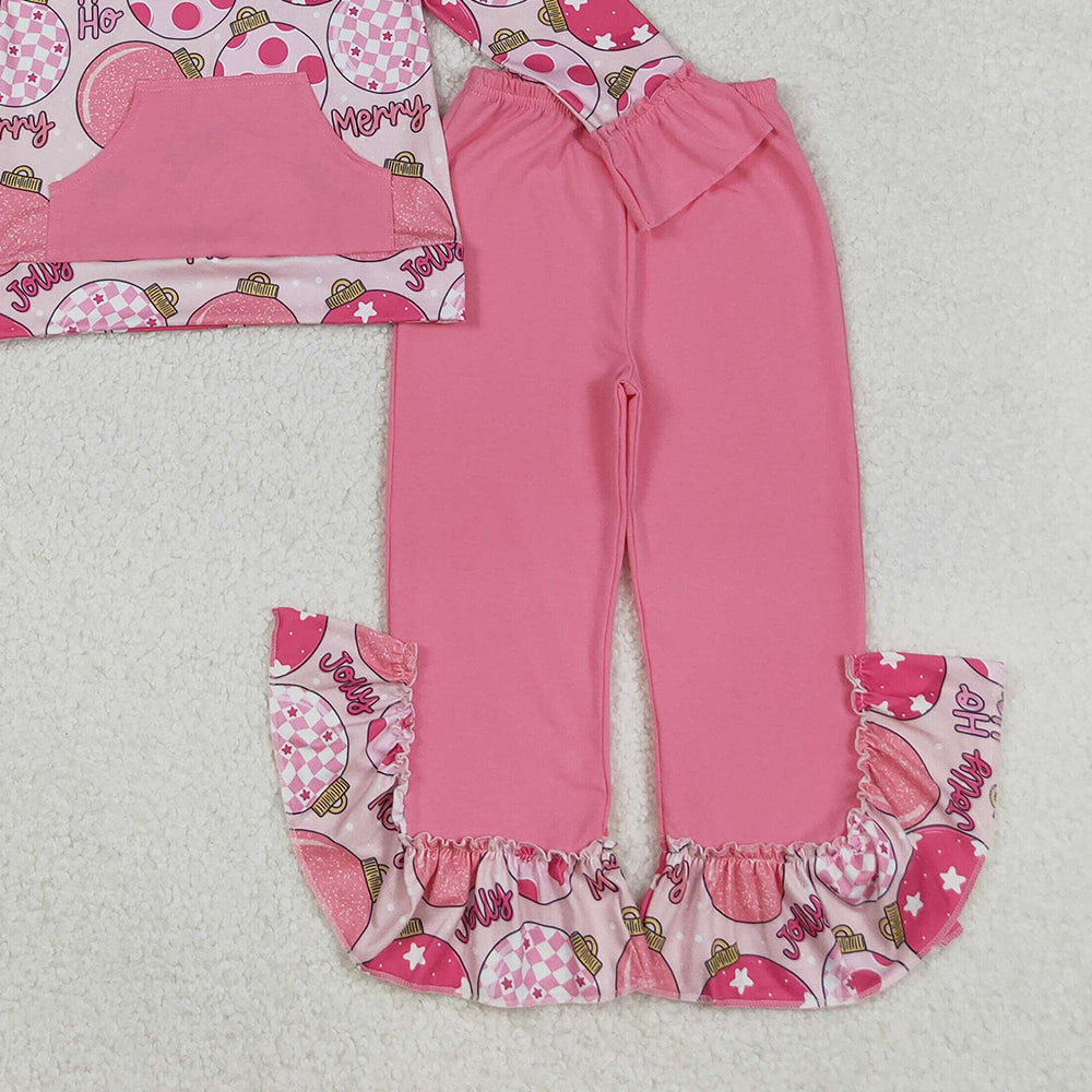 RTS NO MOQ （In stock）GLP2650 Baby Girls Winter Outfits  Pink Merry Christmas Hoodie Top with Pocket And Ruffle Pants Set