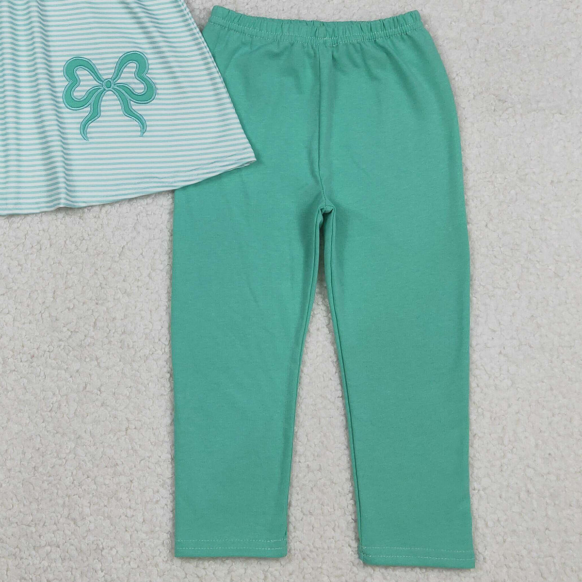 12.4 RTS NO MOQ （In stock）GSPO2151 Embroidery Bows Baby Girls Aqua Stripe Tunic Leggings Pant Clothes Sets