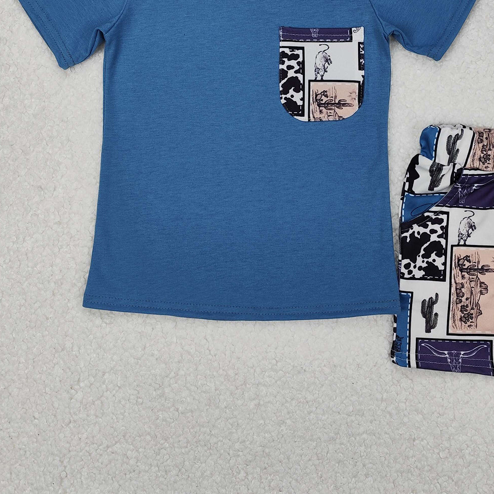 BSSO1286Short sleeves pocket top rodeo cactus shorts western boys clothes