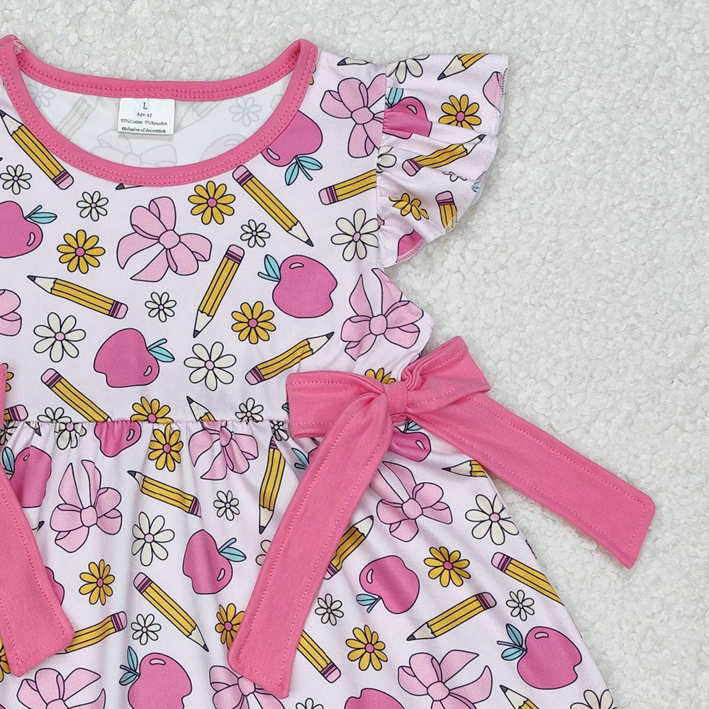 GSD1846Girls Pink Flutter Sleeve Pencil Dress with Bow Back to School Cute Fashionable Kids Clothing