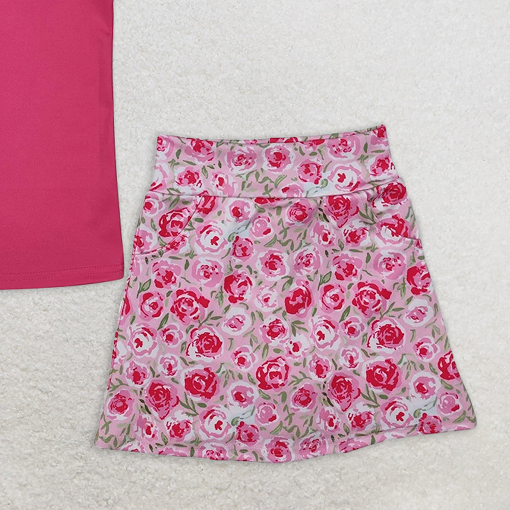 GSD1599RTS NO MOQ Baby Girls Yoga Outfits hot pink sleeveless top stripe floral skirt kids girls clothes