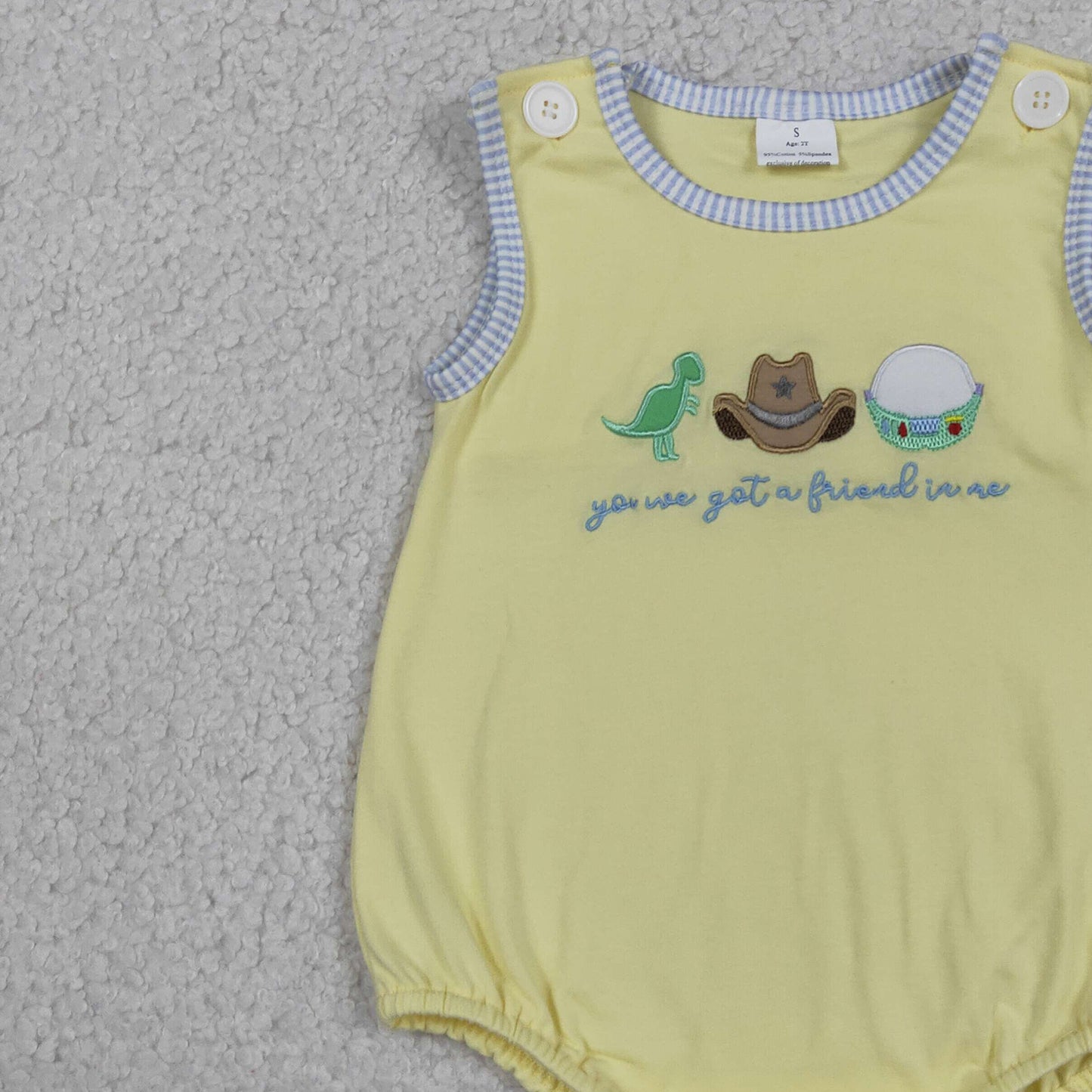 SR4106 RTS NO MOQ （In stock）Yellow dinosaur embroidery baby boy summer romper