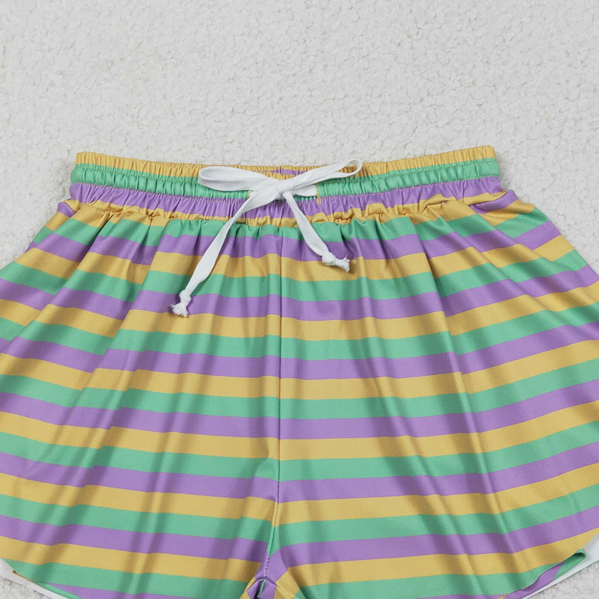 12.16 RTS NO MOQ （In stock）SS0706 Adult Women Mardigras Stripes Yoga Active Ruffle Shorts Bottom