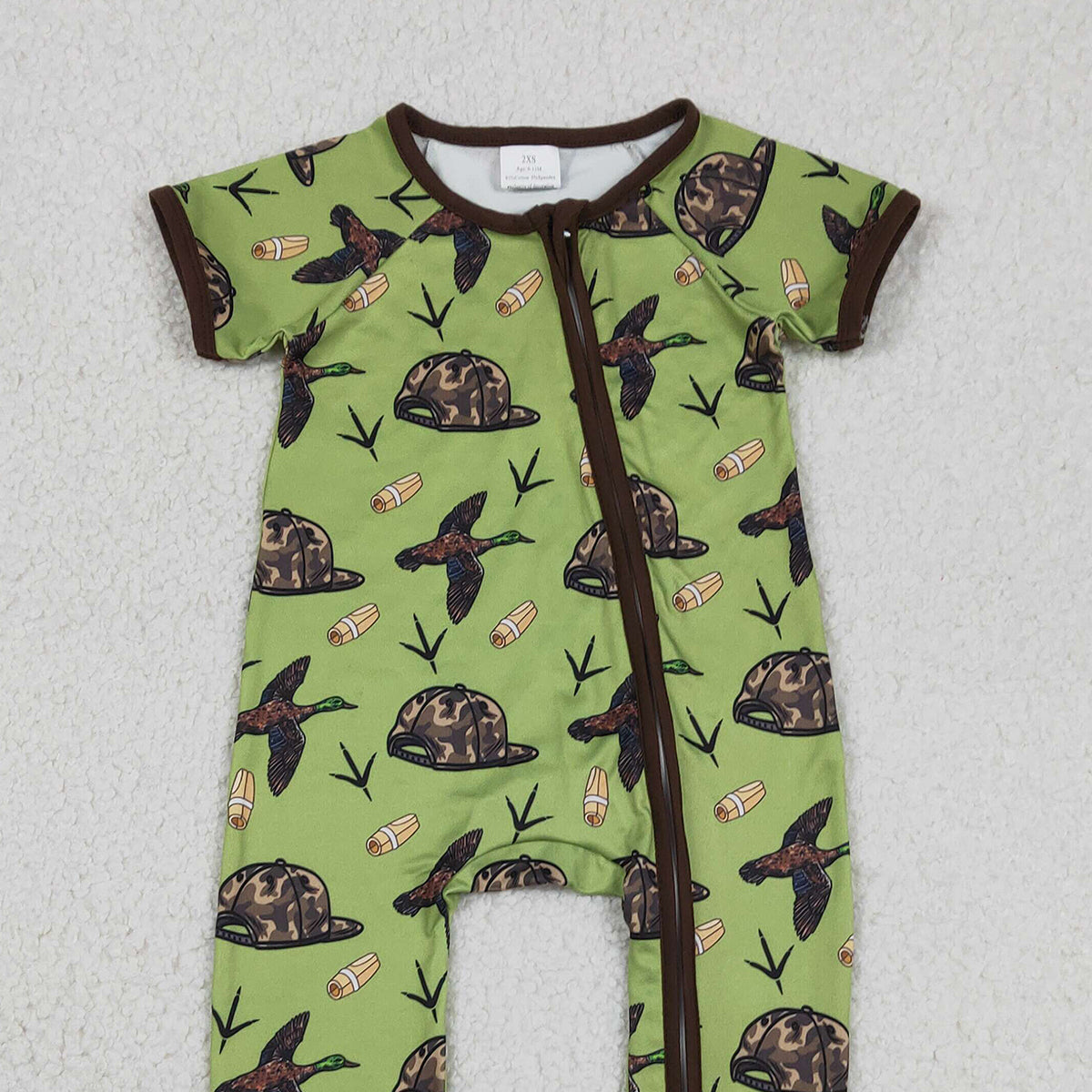 12.22 RTS NO MOQ （In stock）SR3499 Baby Boys Ducks Calls Camo Hats Hunting Two Way Zip Convertible Rompers