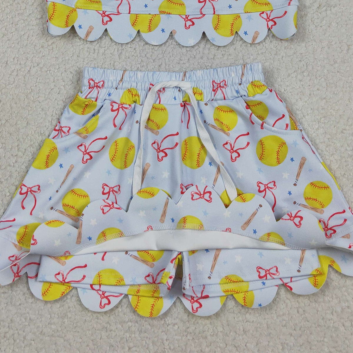 GSD3655 RTS NO MOQ （In stock ）Short sleeves softball bow scallop top skirt girls active outfit