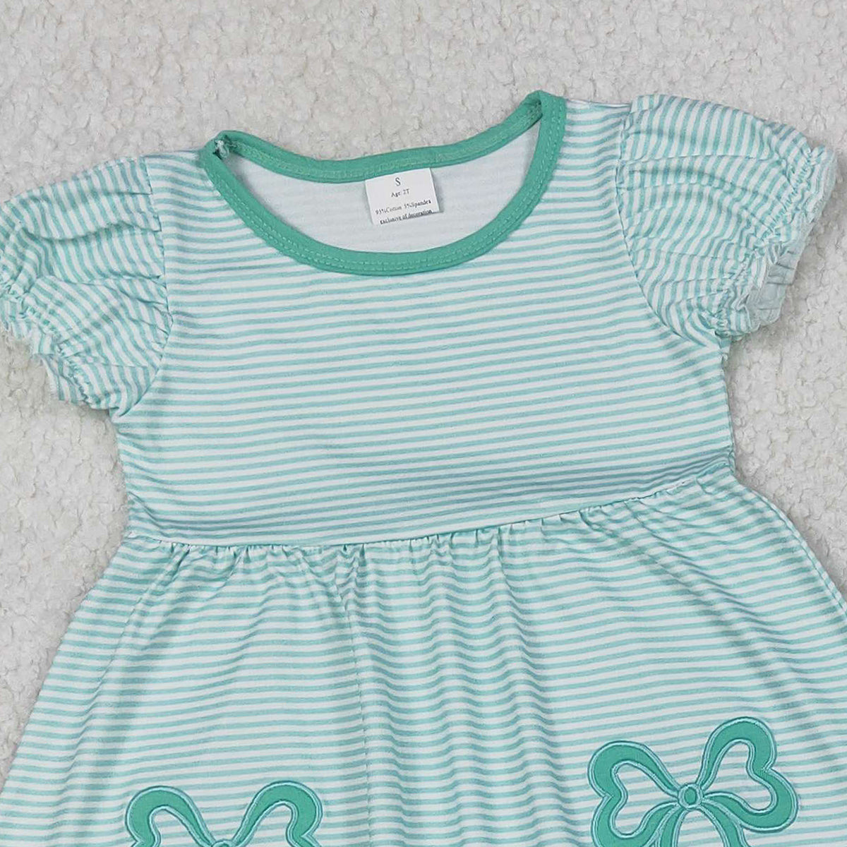12.4 RTS NO MOQ （In stock）GSPO2151 Embroidery Bows Baby Girls Aqua Stripe Tunic Leggings Pant Clothes Sets