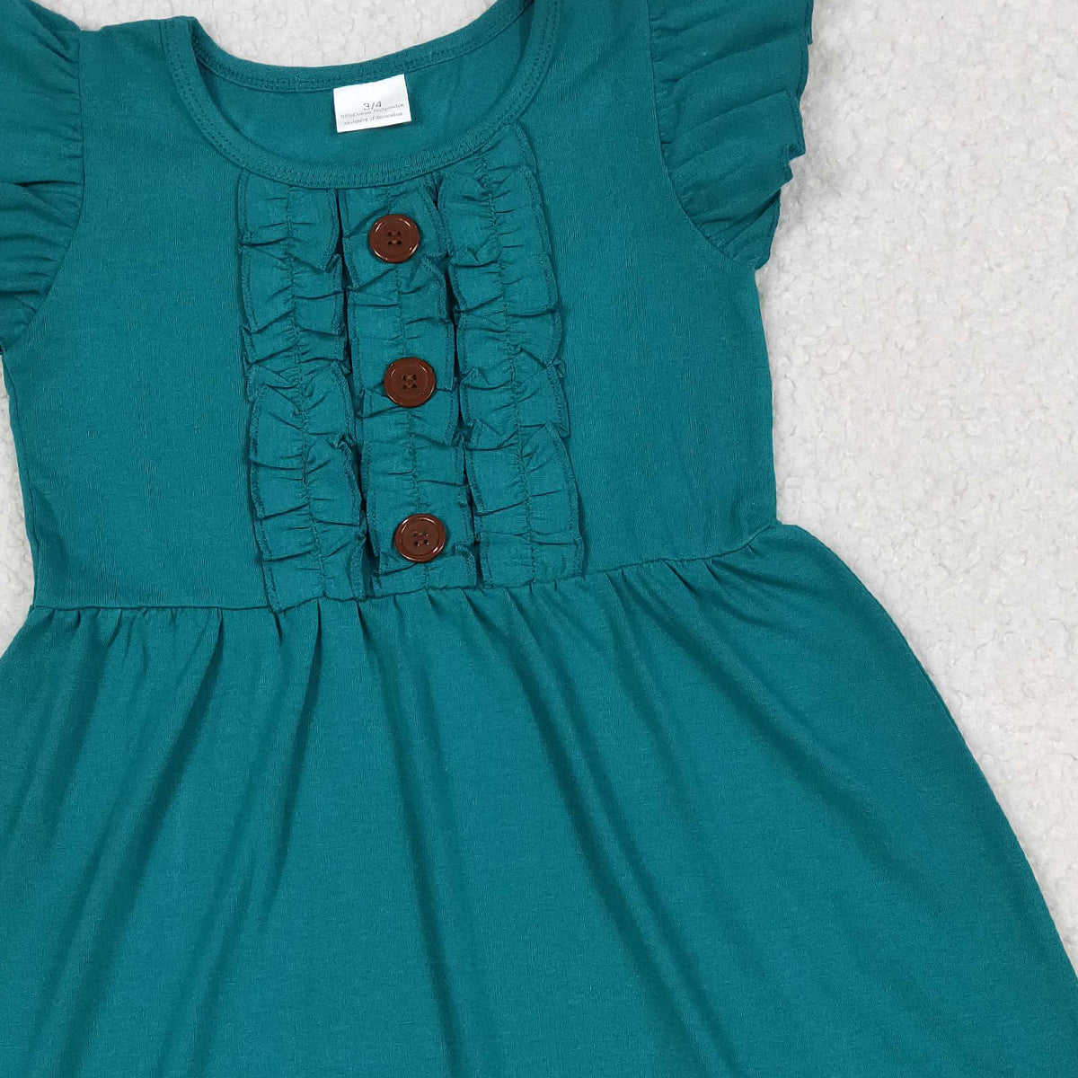 4.11 GSD4094 RTS NO MOQ （In stock ）Baby Girls Flutter Sleeve Dark Green Button Ruffle Knee Length Dresses