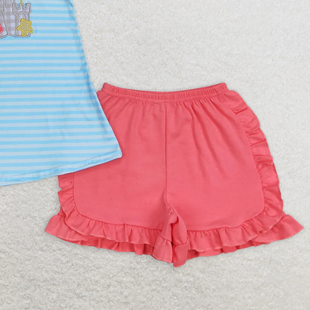 GSSO0875 RTS NO MOQ Baby Girls Summer Outfits Embroidered shell star castle stripe flying sleeve rose red shorts suit