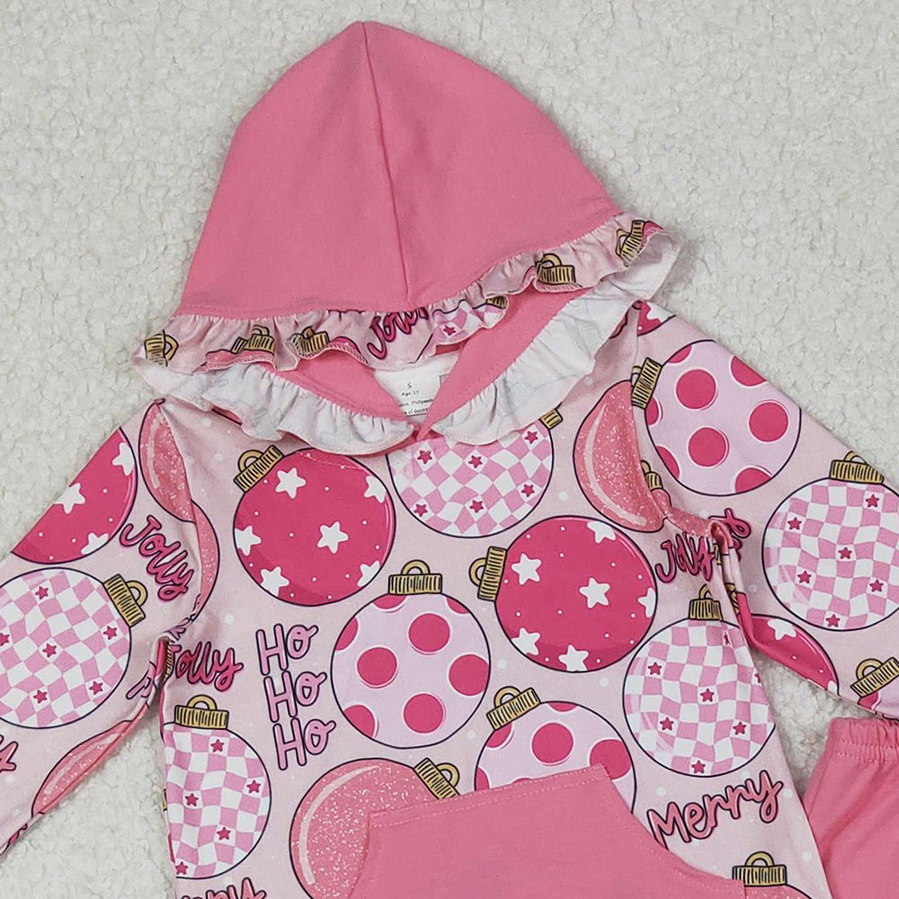 RTS NO MOQ （In stock）GLP2650 Baby Girls Winter Outfits  Pink Merry Christmas Hoodie Top with Pocket And Ruffle Pants Set