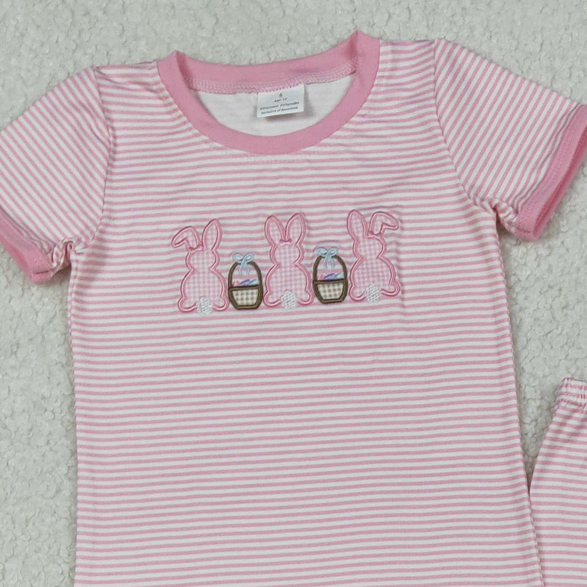 12.8 RTS NO MOQ （In stock）GSPO2117 Embroidery Rabbits Eggs Baby Girls Pink Stripe Top Pants Easter Pajamas Sets