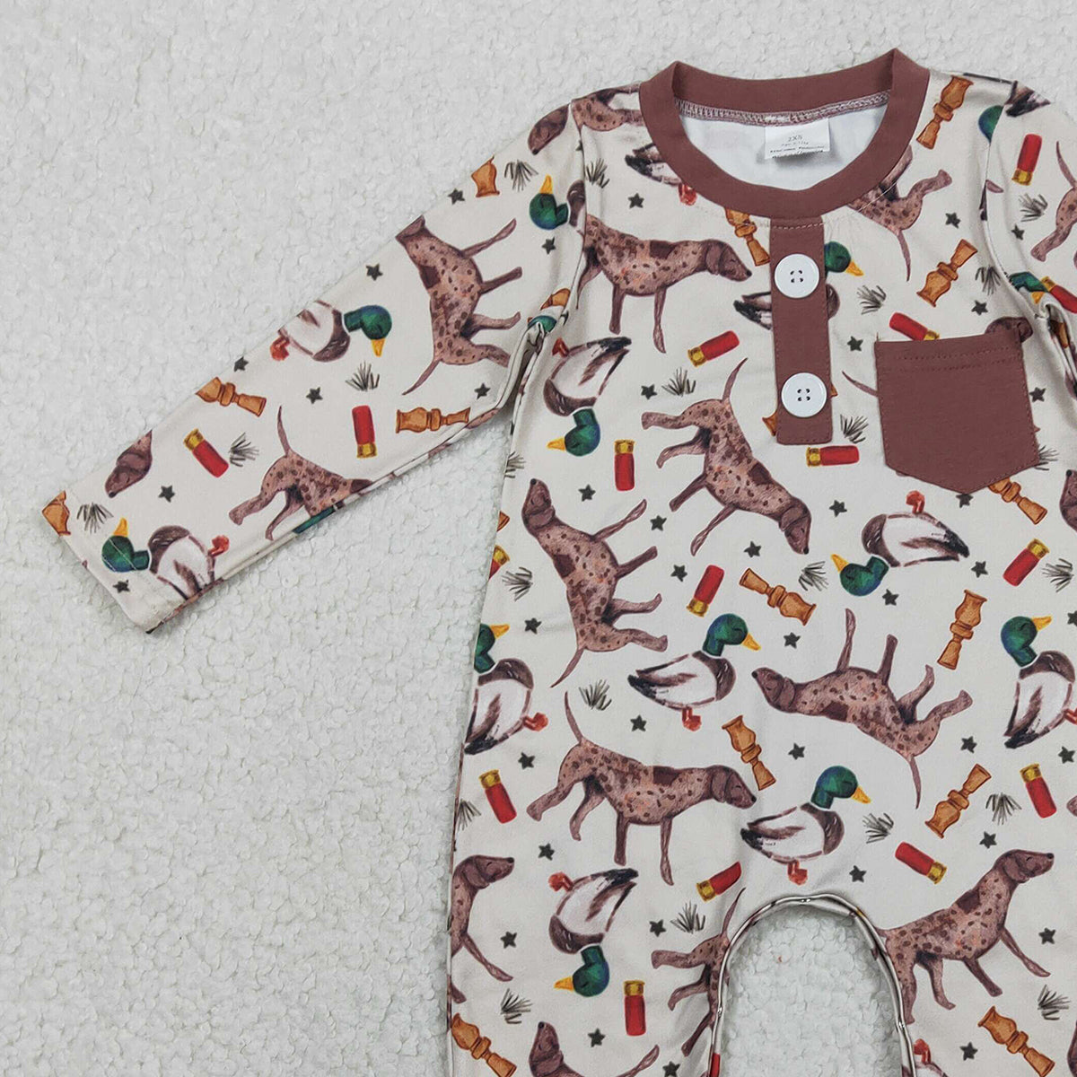 1.27 RTS NO MOQ （In stock）LR2576 Baby Boys Long Sleeve Ducks Dogs Button Pocket Hunting Rompers