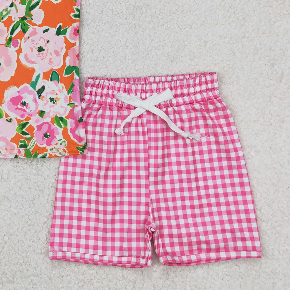 4.08 GSSO2413 RTS NO MOQ Baby Girls Summer Outfits Floral Top Gingham Play Shorts Set