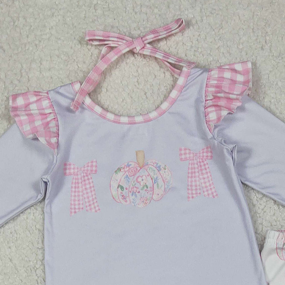 10.10 RTS NO MOQ （In stock）GLP2532 Baby Girls Winter Outfits Baby Girls Long Sleeves Bows Pumpkins Top Bell Bottom Pants Fall Clothes Sets