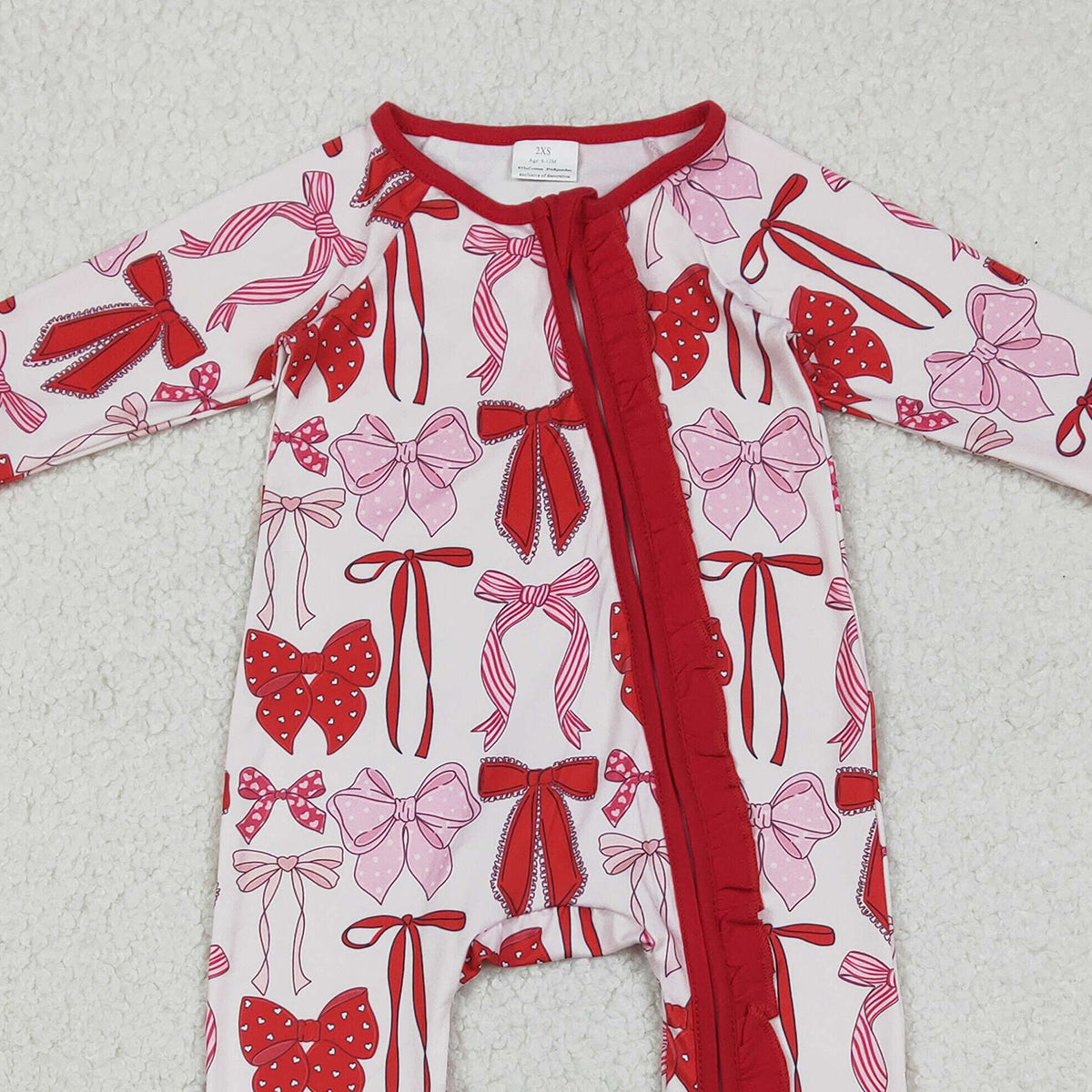 12.23 RTS NO MOQ （In stock）LR2780 Baby Girls Winter Rompers Baby Girls Red Bows Plaid Valentines Two Way Ruffle Zip Convertible Rompers